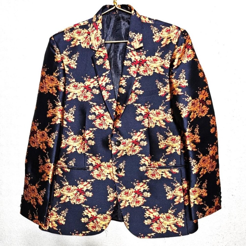 NWOT Mr. Boss Brocade Dinner Tux Stage Jacket Navy & Gold Roses Men's Sz 40R